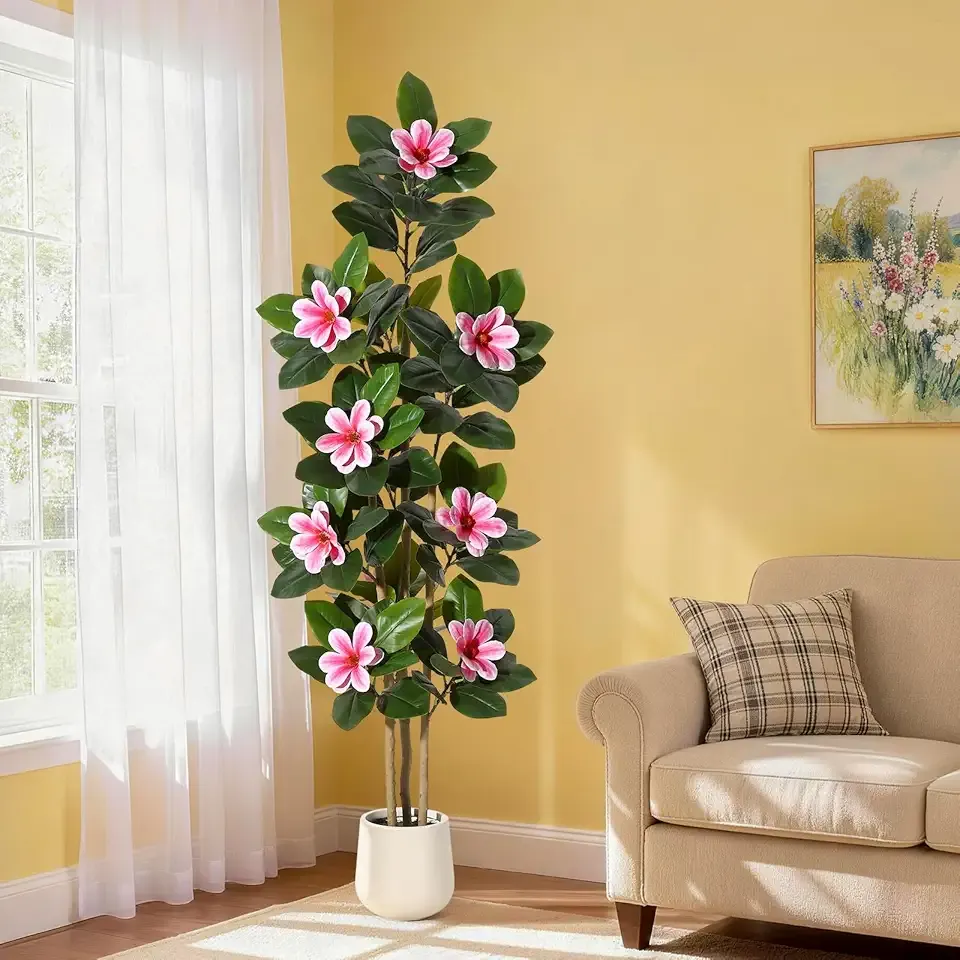 Faux Rubber Tree, 72 Inch Artificial Plants Indoor with Real Touch Leaves and Multi Trunks, Artificial Tree Fake Potted Plants with Pink Flowers for Home Decor Office Living Room