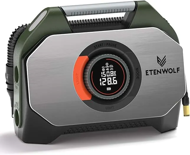 ETENWOLF VORTEX S7 Tire Inflator for Heavy-duty Vehicle, Portable Air Compressor for Car Tires with 160PSI & 38400 mAh Battery, Cordless Air Pump with 100% Duty Cycle & Dual Cylinder (Olive Green)