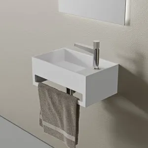BERNSTEIN - PB2078 Lavabo mural de piedra maciza (mineral fundido) - 50x30x20cm - blanco mate - con toallero integrado