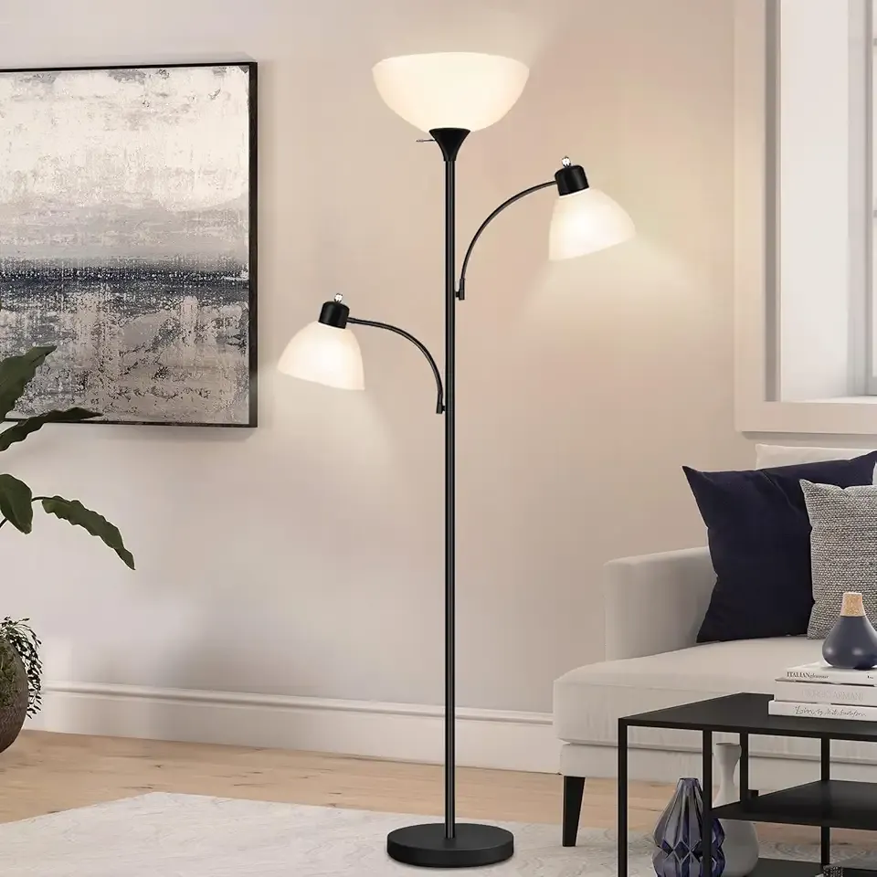 Luvkczc Floor Lamps for Living Room, 72" Tall Torchiere Floor Lamp with 8W Adjustable Reading Lights, Industrial Lamps for Living Room, Bedroom, Office, Black Tree Floor Lamp【3 Bulbs Included】