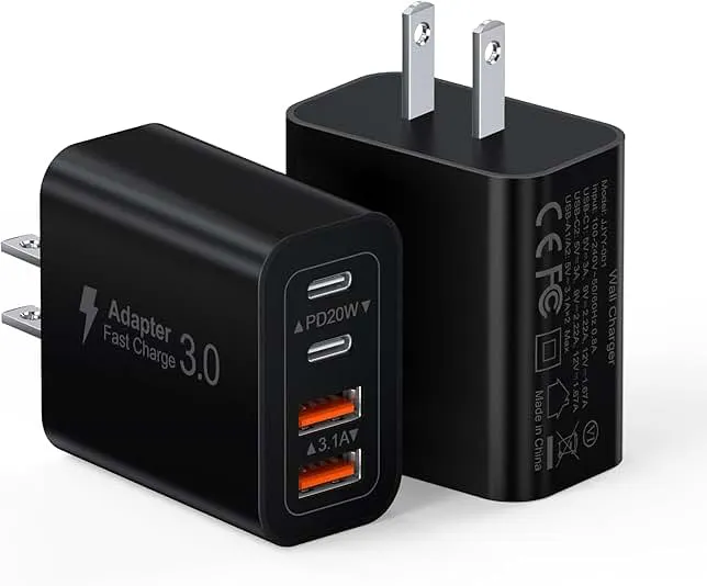 [2 Pack/40W] 4-Port USB C Wall Charger Block, Fast Type C Power Brick Charging Cube Power Delivery Wall Plug for iPhone 17/1615/14/13/12/14 Pro/13 Pro, Huawei, Xiaomi, Oneplus, Galaxy(Black)
