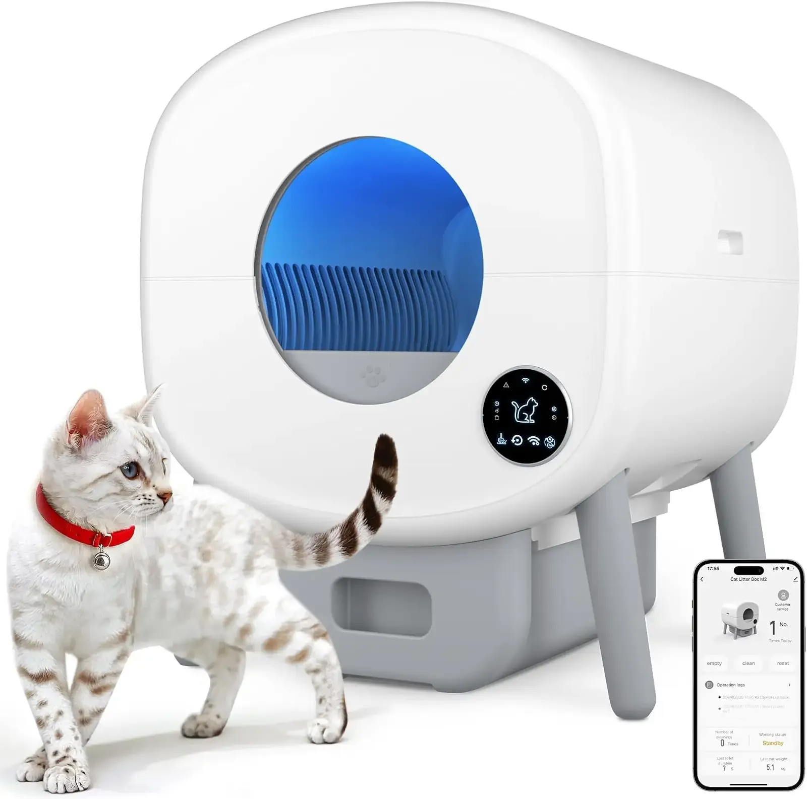 Cumrige Automatic Litter Box,Safety Sensor,App Control,95L Large Capacity | Detachable waste trays ,Self cleaning litter box for Multiple Cats,Safety Protection, 2 Roll Garbage Bags,White & Grey