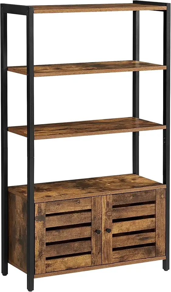 LOWELL Bookshelf, Storage Cabinet with 3 Shelves and 2 Louvered Doors, Industrial Bookcase in Living Room, Study, Bedroom, Multifunctional, Rustic Brown ULSC75BX
