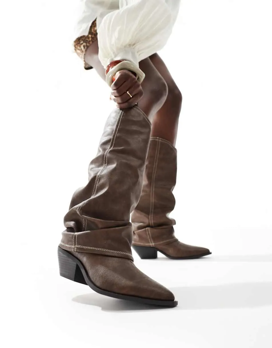 SEQWL Lexus slouchy fold over western boots in brown
