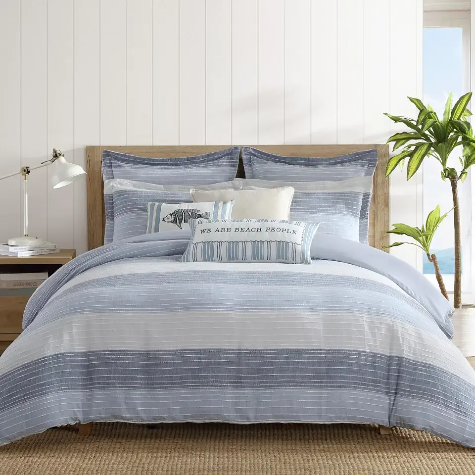 Levtex Home Sand Stripes Blue King/Cal King Comforter Set (106x94in) with 2 Pillowcases (36x20in) - Woven Jacquard Stripe - Blue, Grey, White - Cotton King Size Comforter Set - Soft Pre-Washed