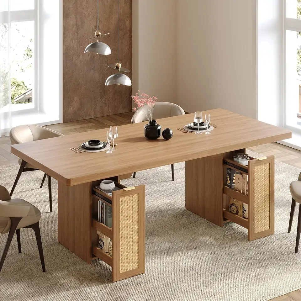 LIKIMIO 78.7" Farmhouse Dining Table for 6-8 People, Extra Thick Wood Top with 2 Hidden Adjustable Storage Drawers, Modern Woven Rattan Table for Dining Room, Kitchen, Living Room, Rustic White