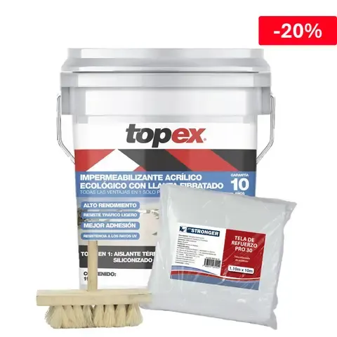 Combo 2 Impermeabilizante topex llanta 10 años 19l blanco + Malla de refuerzo sencillo + Cepillo Aplicador Ixtle