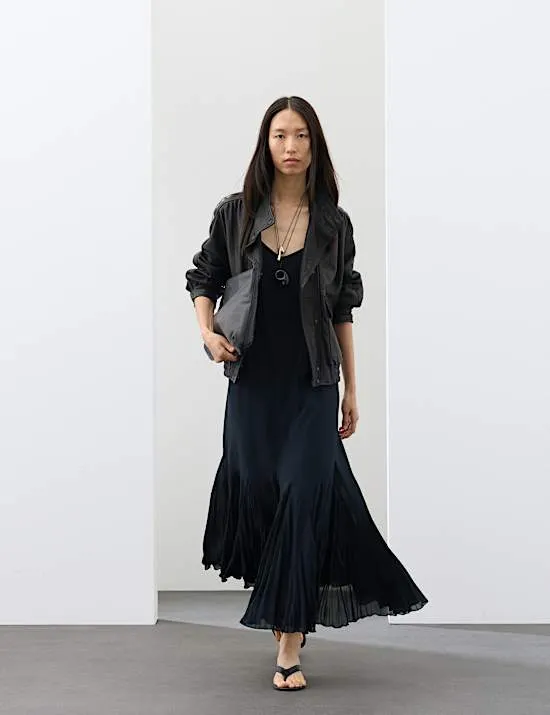 V-Neck Pleat Detail Maxi Slip Dress