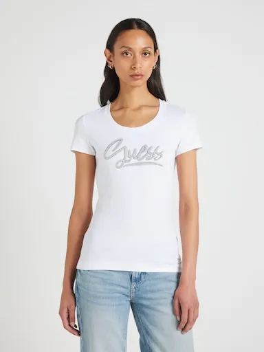 Guess Crew Neck Guess Script Tee In Pure White