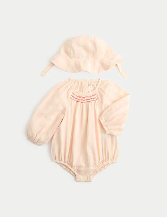 Set aus gewebtem Schwimmanzug und Hut aus reiner Baumwolle mit Bonbonstreifen (0–24 M.)