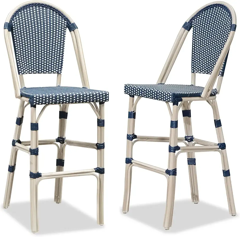 PURPLE LEAF Bar Stools 30" Set of 2 French Rattan High-Back, Royal Blue