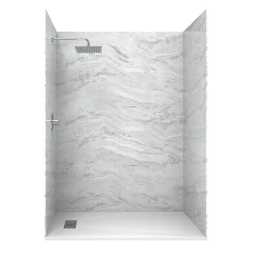 Castico Sierra Light 36 in. x 60 in. x 84 in. Solid Composite Stone Alcove Shower Kit w/ Wall and White Pan Base L/R Drain