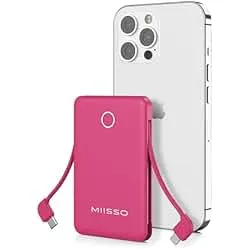 miisso 6000mah Ultra Slim Built in Cables Power Bank, Card Size Built in USB C Cords Battery Pack Portable Charger for Phones, 3 Output External Battery Pack Compatible with iPhone, Plum Red