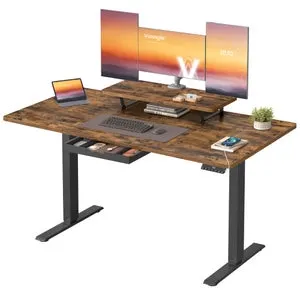 Escritorio eléctrico, ajustable en altura, 140 x 70 cm, con soporte para monitor, con cajón y puertos usb, marrón rústico