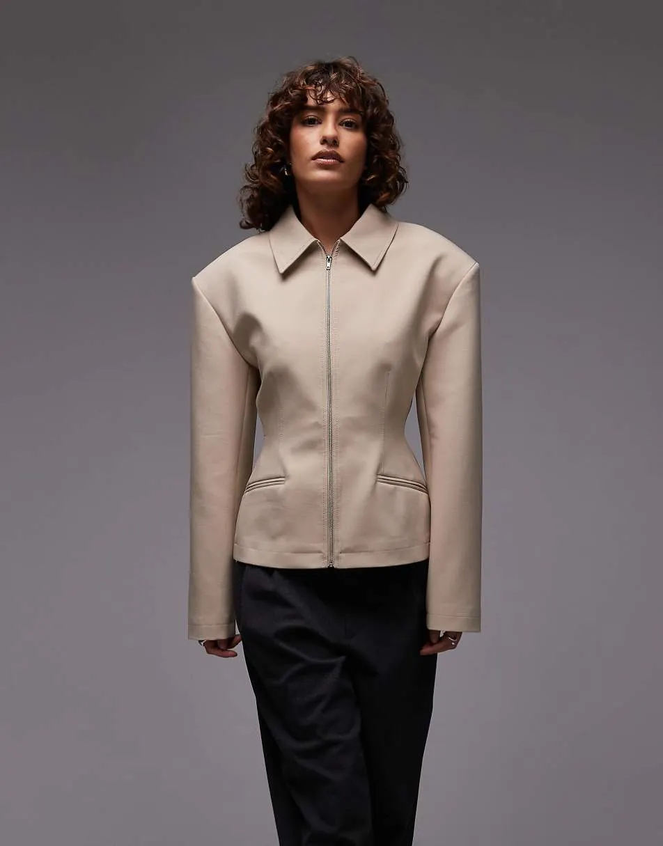 ASOS DESIGN tailored sculpted cinch waist zip through jacket in camel