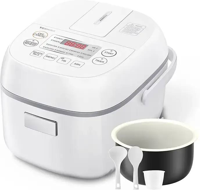Toshiba Mini Rice Cooker, 3 Cups Uncooked Small Rice Cooker, Steamer & Warmer, With Fuzzy Logic And One-Touch Cooking, 24 Hour Delay Timer And Auto Keep Warm Feature, White