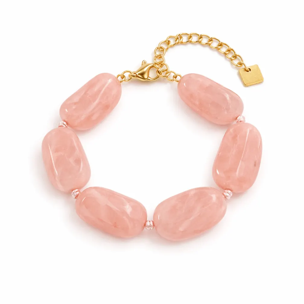 Armband in edelstaal, grote roze kralen