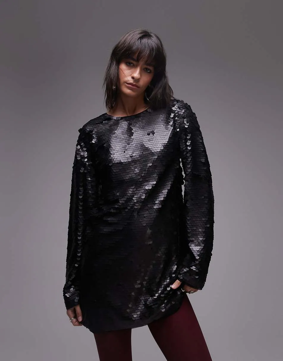 Topshop long sleeve mini sequin dress in black