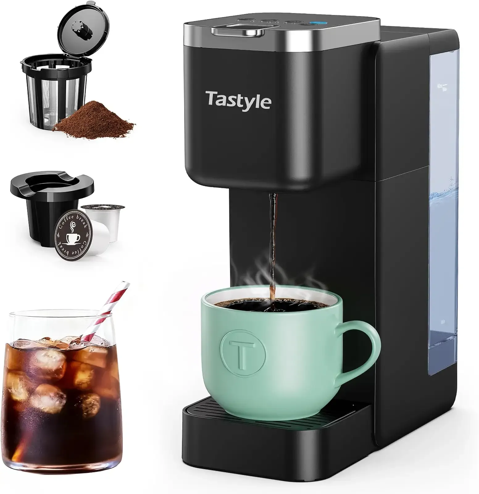 Tastyle Single Serve Coffee Maker for K Cups and Grounds with 3 Brew Styles | 40oz Removable Water Tank, 6 to 24oz Brew Size, Compact Design, Fits 7.3" Travel Mug, for Home, RVs and Office, K330IC, Black