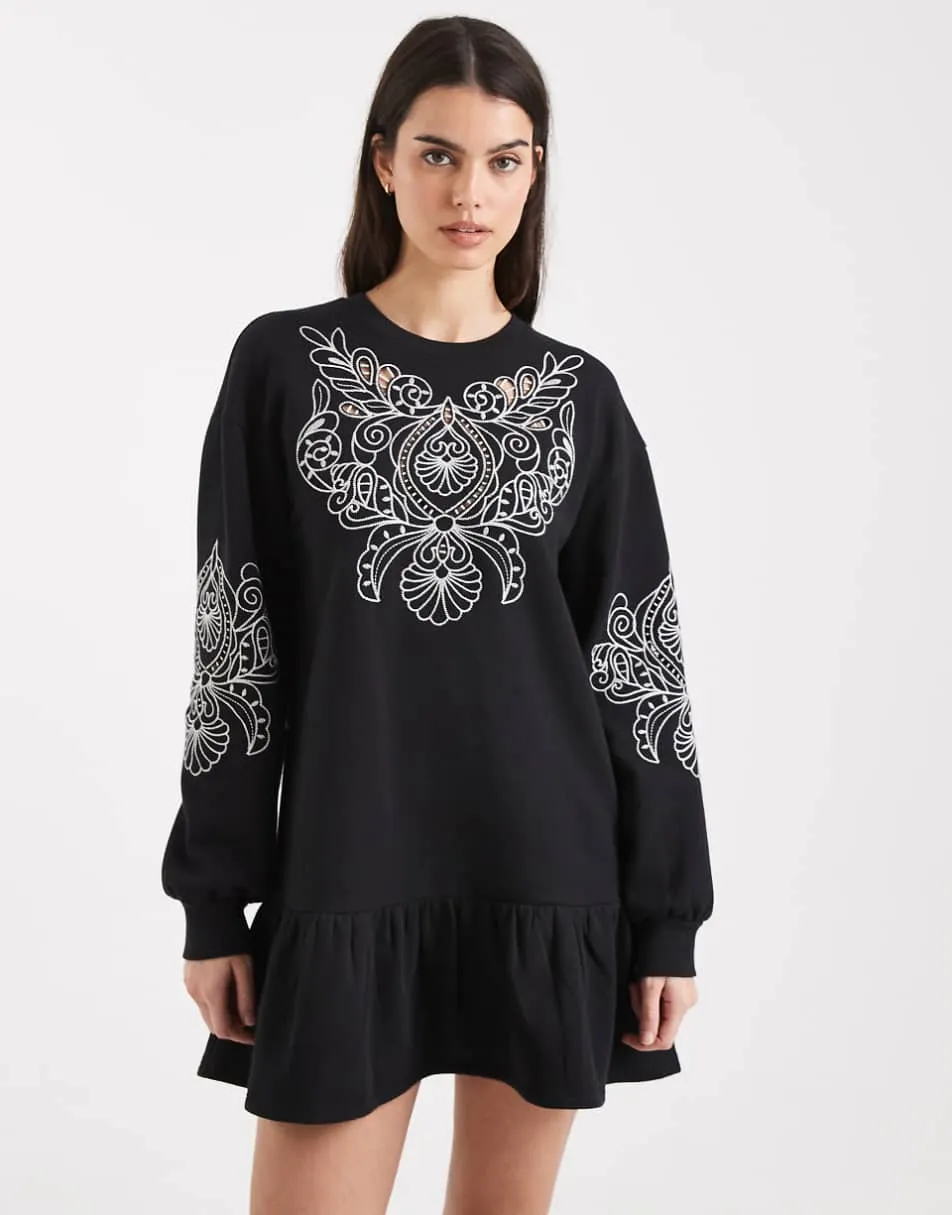 Miss Selfridge cutwork embroidered drop waist sweat dress