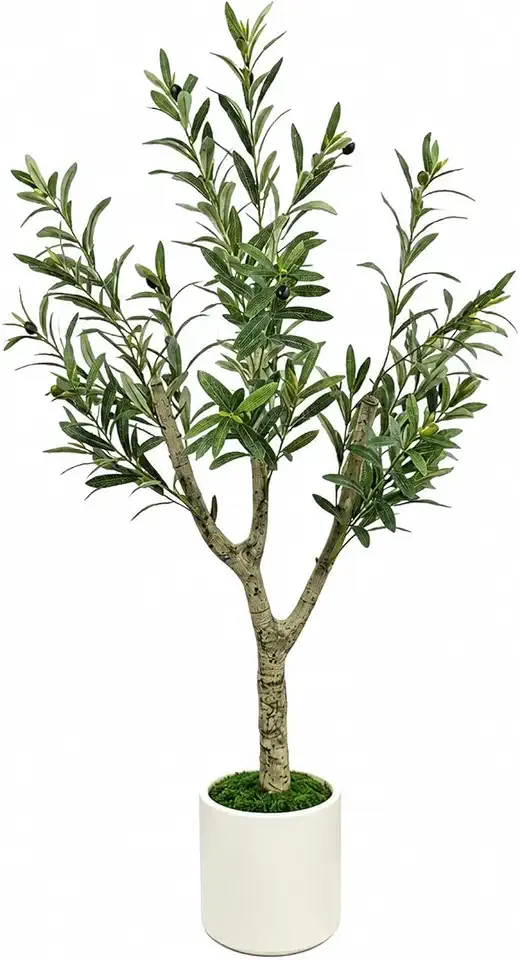 Olive Trees Artificial Indoor, 4ft Tall Olive Tree with White Planter, Faux olive tree with Natural Wood Trunk & Realistic Leaves & Lifelike Fruits, Artificial Plants for Home Decor Office Living Room