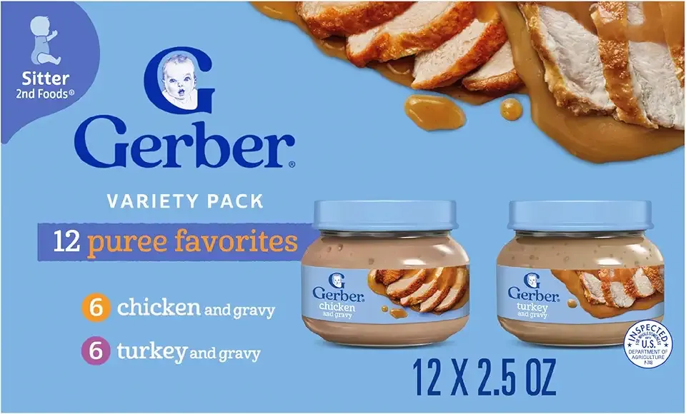 Gerber Stage 2 Baby Food, Chicken & Turkey Variety Pack Jars, Mealtime Poultry Puree, Baby Food Puree,12-Pack