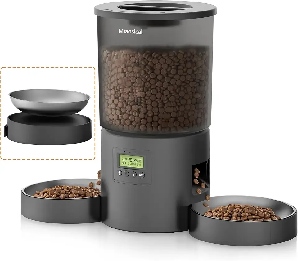 Automatic Cat Feeder 2 Cats, 4.2L Dry Food Auto Dispenser with Double Bowls,Dual Power Supply,Programmable Portion Control,10s Voice Recorder(Black,Stainless Steel Bowls) (Transparent+Black)