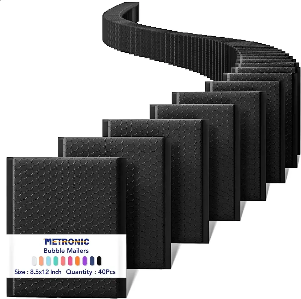 METRONIC Bubble Mailers 8.5x12" Padded Envelopes Black 40 Pack Self Seal | Usable Size 8.5x11",Waterproof Cushioning Medium Bags for Small Business Shipping,Books,Clothes,Mailing Pouches,Bulk