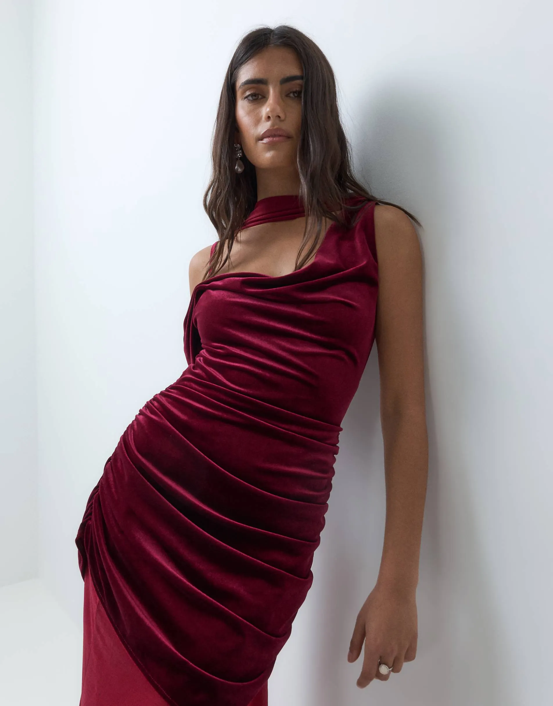 ASOS DESIGN fishtail floor length velvet mix dress with shoulder scarf in burgundy
