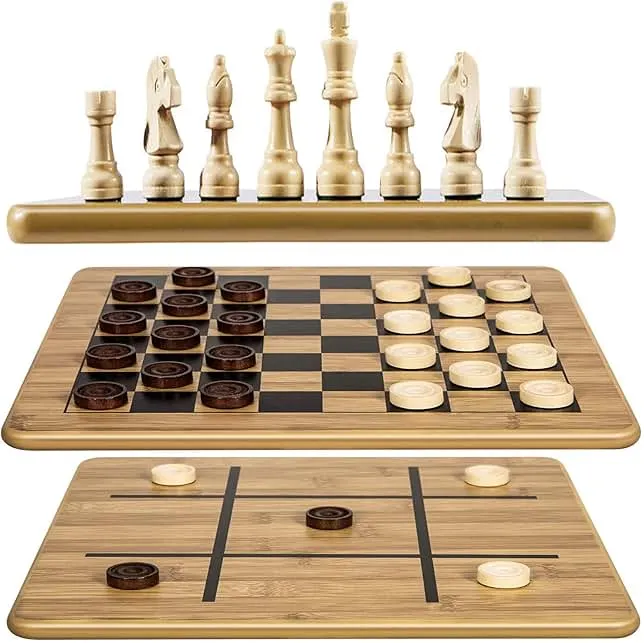 VAMSLOVE Wooden Chess Checkers Tic-Tac-Toe Game Set 11.5" x 11.5" Double-Sided 3 in 1 Board with 34 Chess Pieces - 2 Extra Queens - 24…