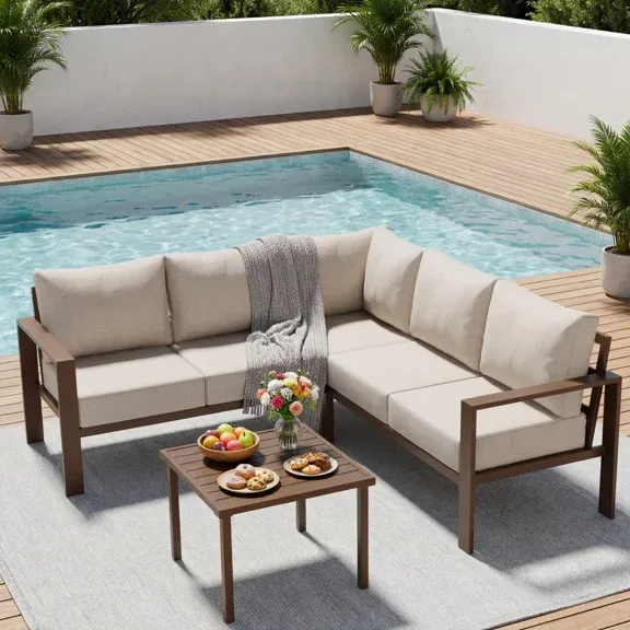Poteban 6-Piece L-Shaped Outdoor Conversation Set, Metal Sectional Sofa with 6" Thick Olefin Cushions, Wide Armrests & Coffee Table, Beige for Garden Backyard $369.99 Was $459.99
