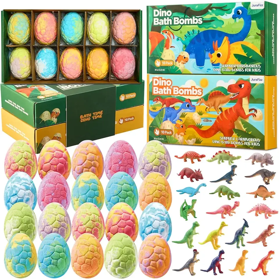 Dinosaur Bath Bombs for Kids with Surprise Inside, 20 Pack Natural Dino Egg Bath Bombs with Exclusive Carnivorous & Herbivorous Dinosaur Toys, Birthday Party Favors for Boys, Girls