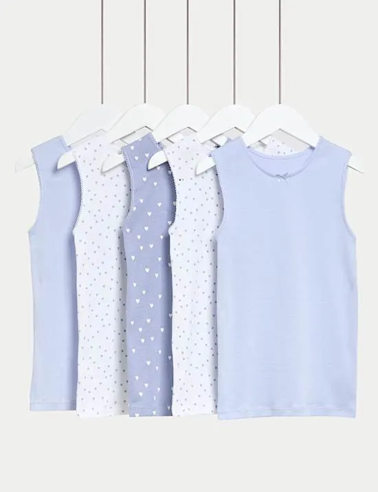 5 Pack Pure Cotton Heart Print Vests (2-14 Yrs)