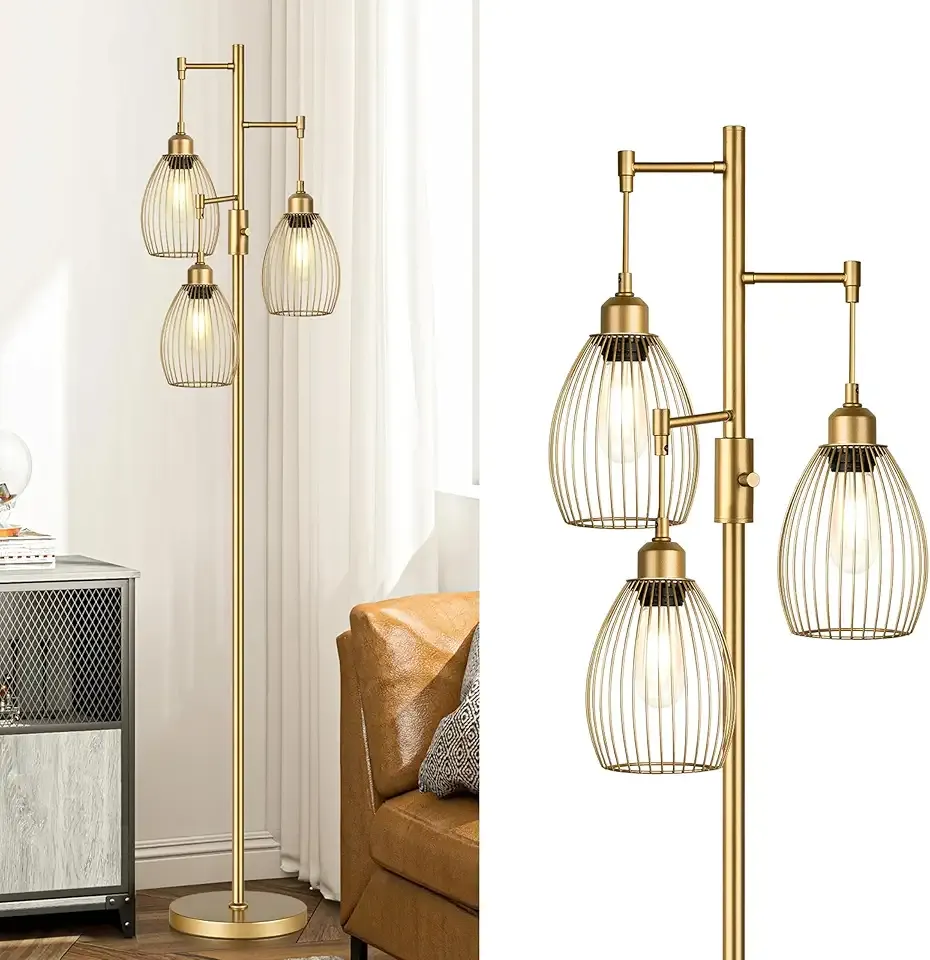 Dimmable Floor Lamp, Industrial Floor Lamps for Living Room, Gold Tree Lamp Standing Lamp Tall Lamps with 3 Elegant Teardrop Cage Head & 800 Lumens LED Bulbs for Living room Bedroom Office Dining Room