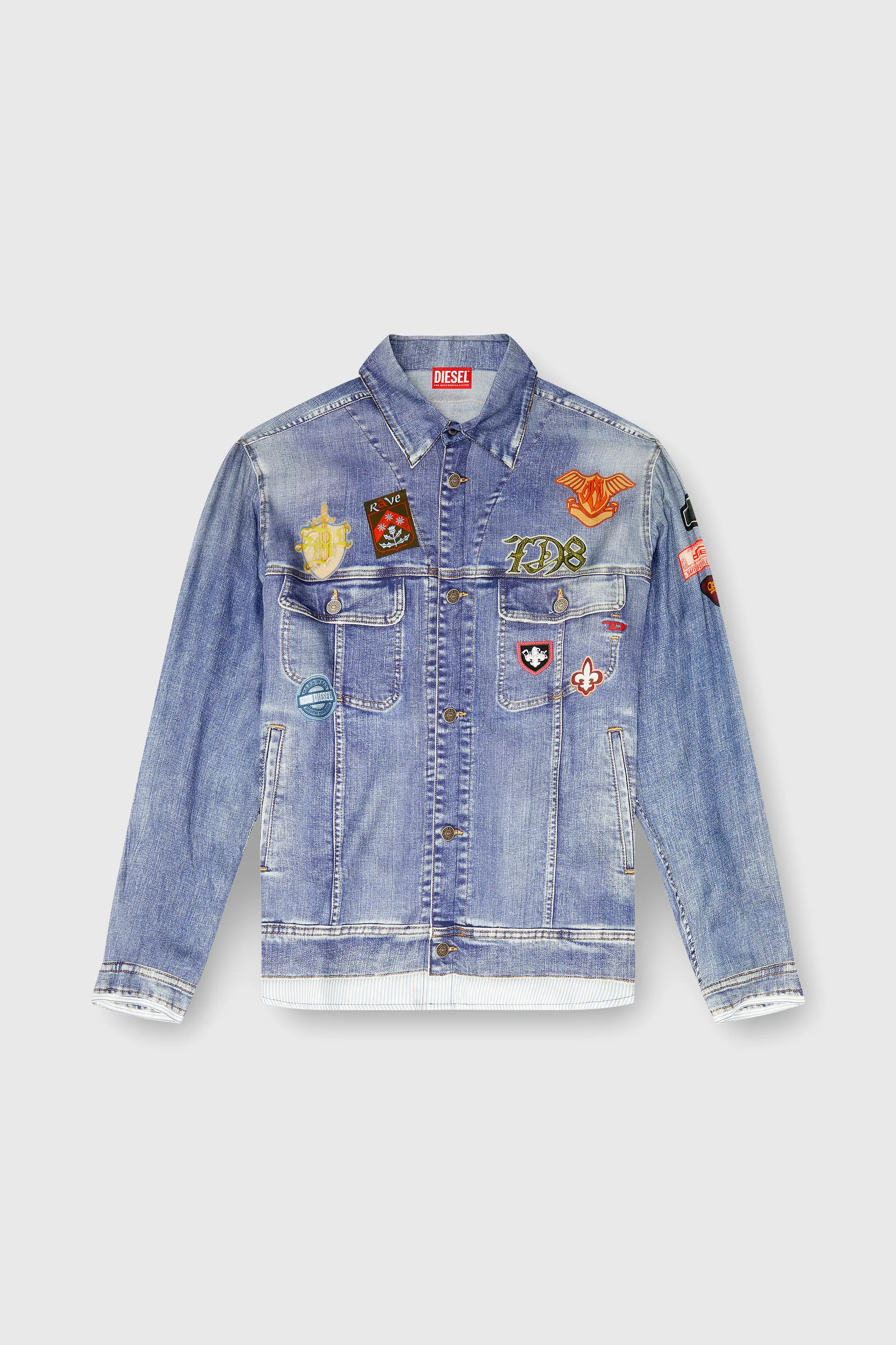 Satin shirt with trompe-l'oeil denim print