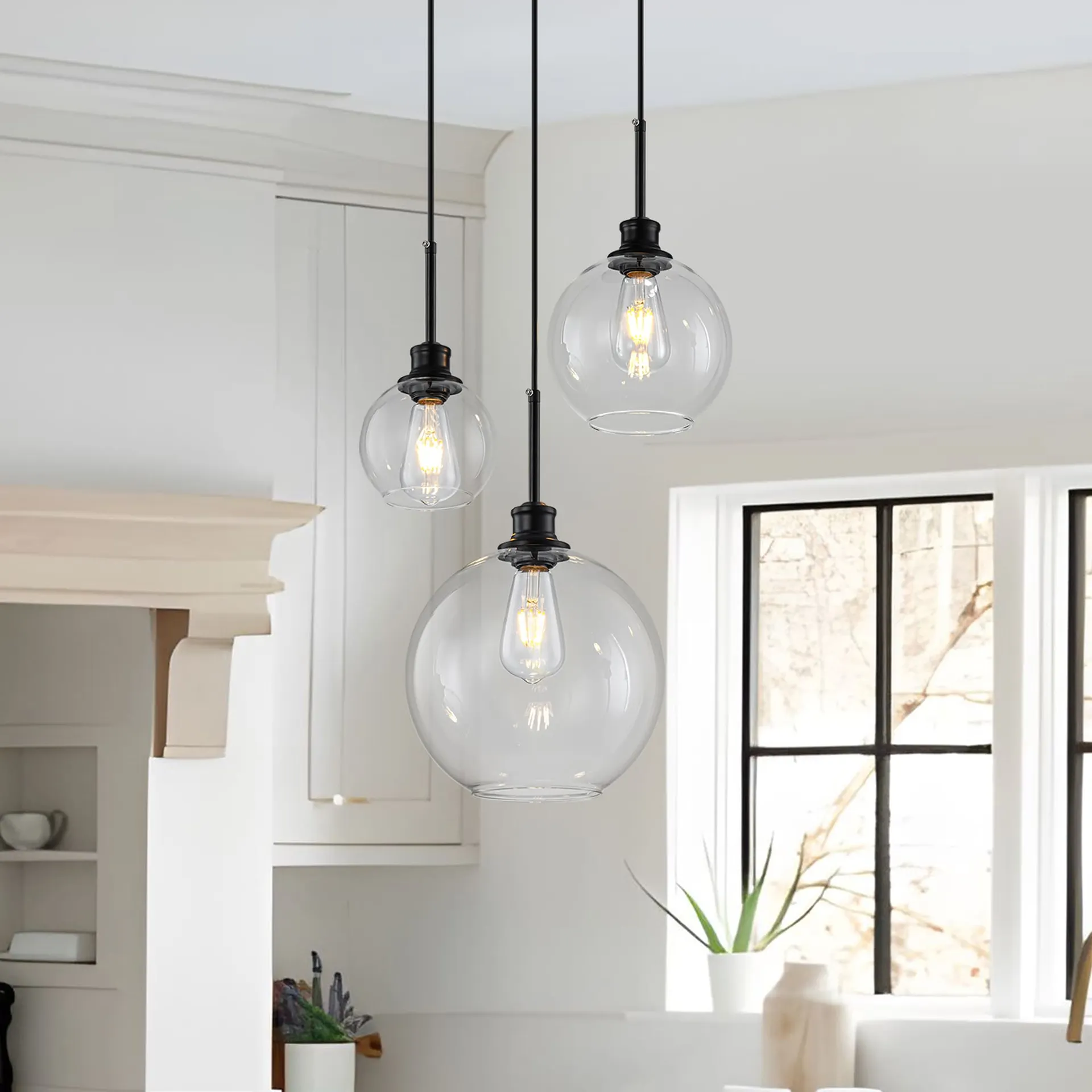 GoYeel Nova 3 -Light Matte Black Modern/contemporary Clear glass Globe Hanging Chandelier