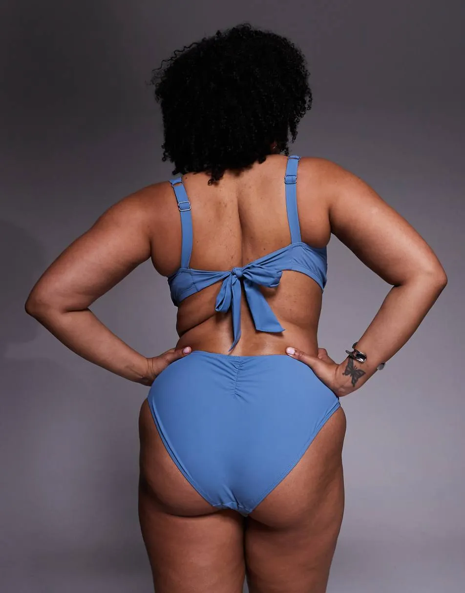 ASOS DESIGN Curve Penelope pleat high waist bikini bottom with front tie in slate blue