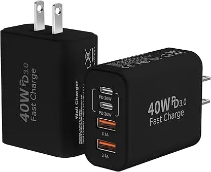 USB C Wall Fast Charger Block, 40W 4-Port Type C Chargers Fast Charging Blocks PD Power Charger Adapter+QC 3.0 USB Multiport Charger Brick for Phone 17/16/15/14/13/12 Pro Max, i-Pad, Galaxy S25-2Pack USB C Wall Fast Charger Block, 40W 4-Port Type C Ch…