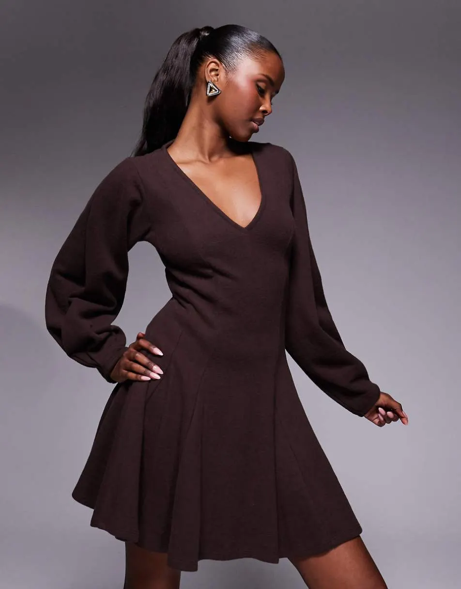 ASOS DESIGN supersoft V neck fit and flare with seam detail mini dress in chocolate