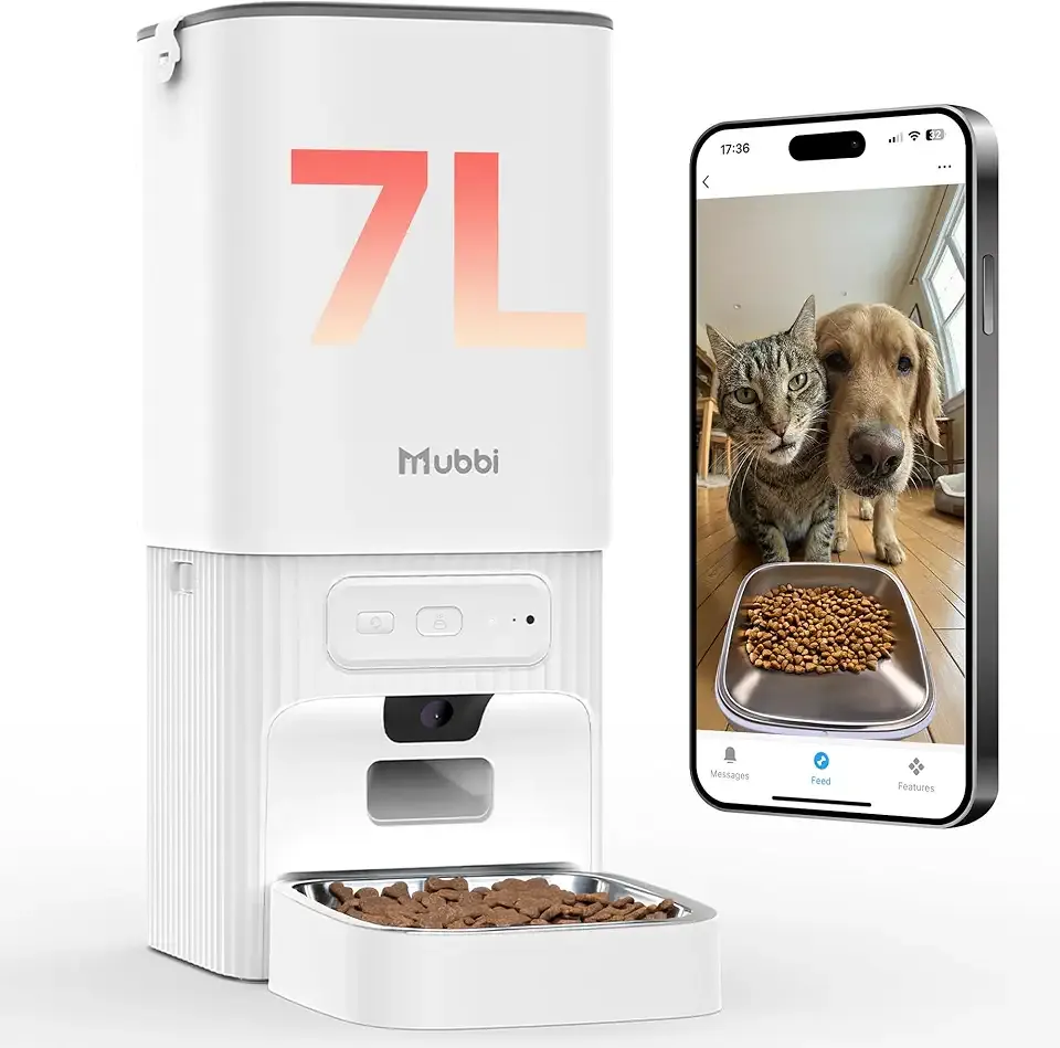 Automatic Cat Feeder with Camera - 5G WiFi Cat Food Dispenser with Night Vision, 7L Dog Feeder Automatic, 1-15 Meals, 1-99 Portions, 2-Way Audio, Jam Free, 10s Voice Recording, Timed Auto Pet Feeder