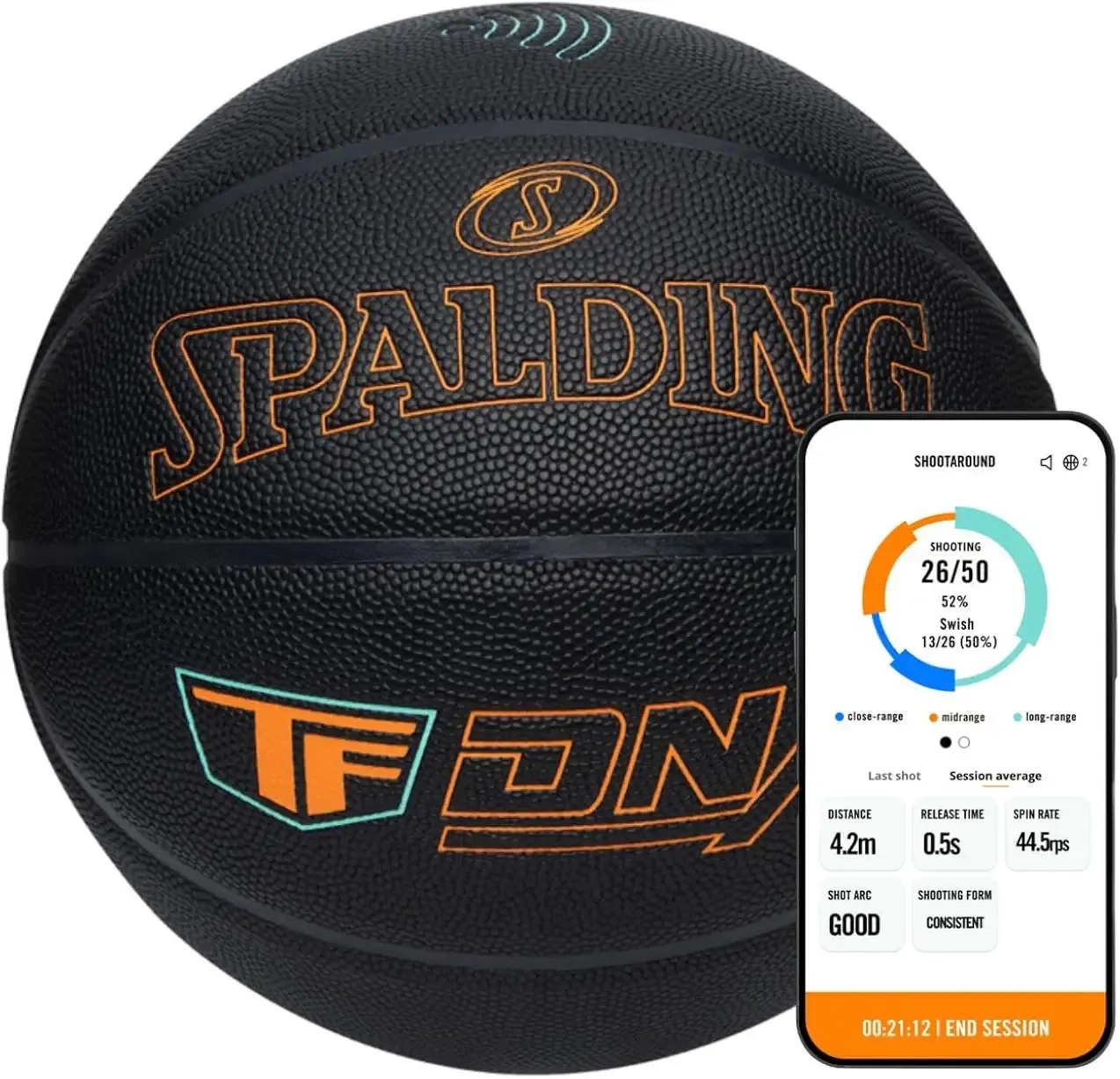 Spalding TF DNA Smart Basketball + 1 Yr App Subscription Bundle I iOS and Android Compatible I All Surface Material
