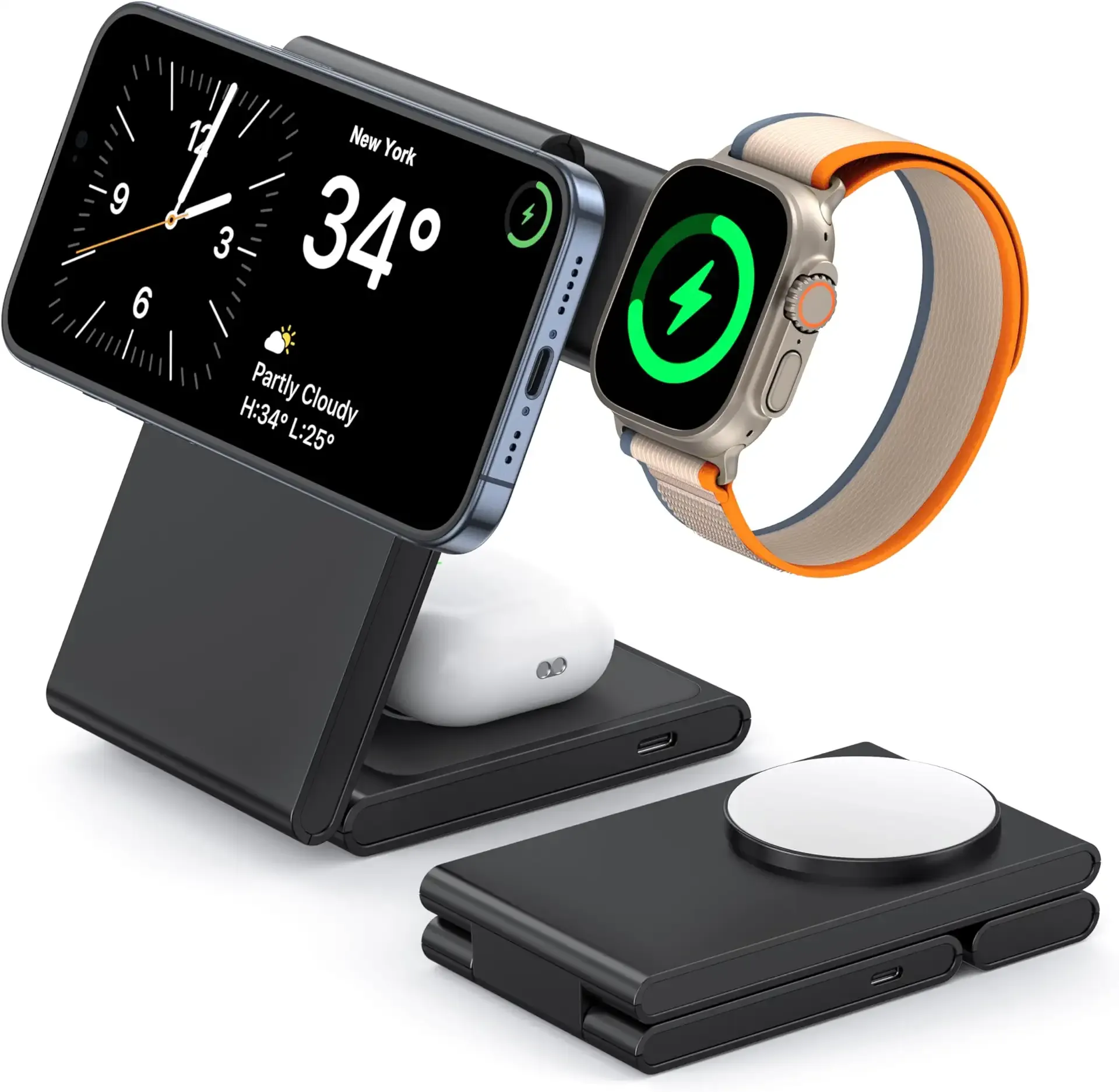 3 in 1 Wireless Charging Station for Multiple Devices, Fast Foldable Travel Mag-Safe Stand for iPhone 17/16/15/14/13 Series, Magnetic Charger for Apple Watch 11/10/Ultra 3/2/AirPods 4 with 20W Adapter