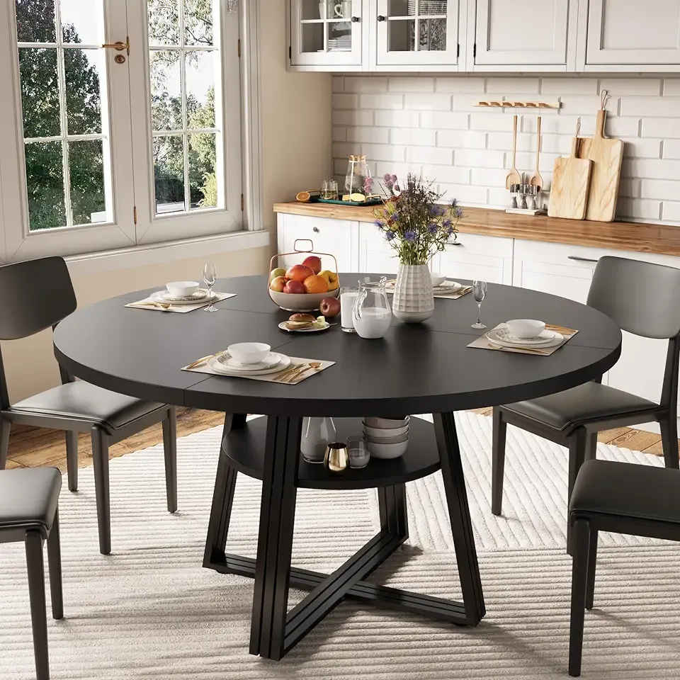 GarveeHome Round Dining Table for 4-6, 47.2 in Farmhouse Kitchen Table with Storage, Circle Dinner Tables for Kitchen, Dining Room, Living Room, Meeting Room, Apartment, Black (Only Table)