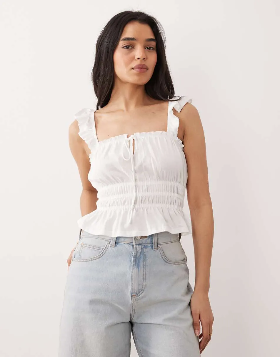Miss Selfridge shirred top with ruffle sleeve in white