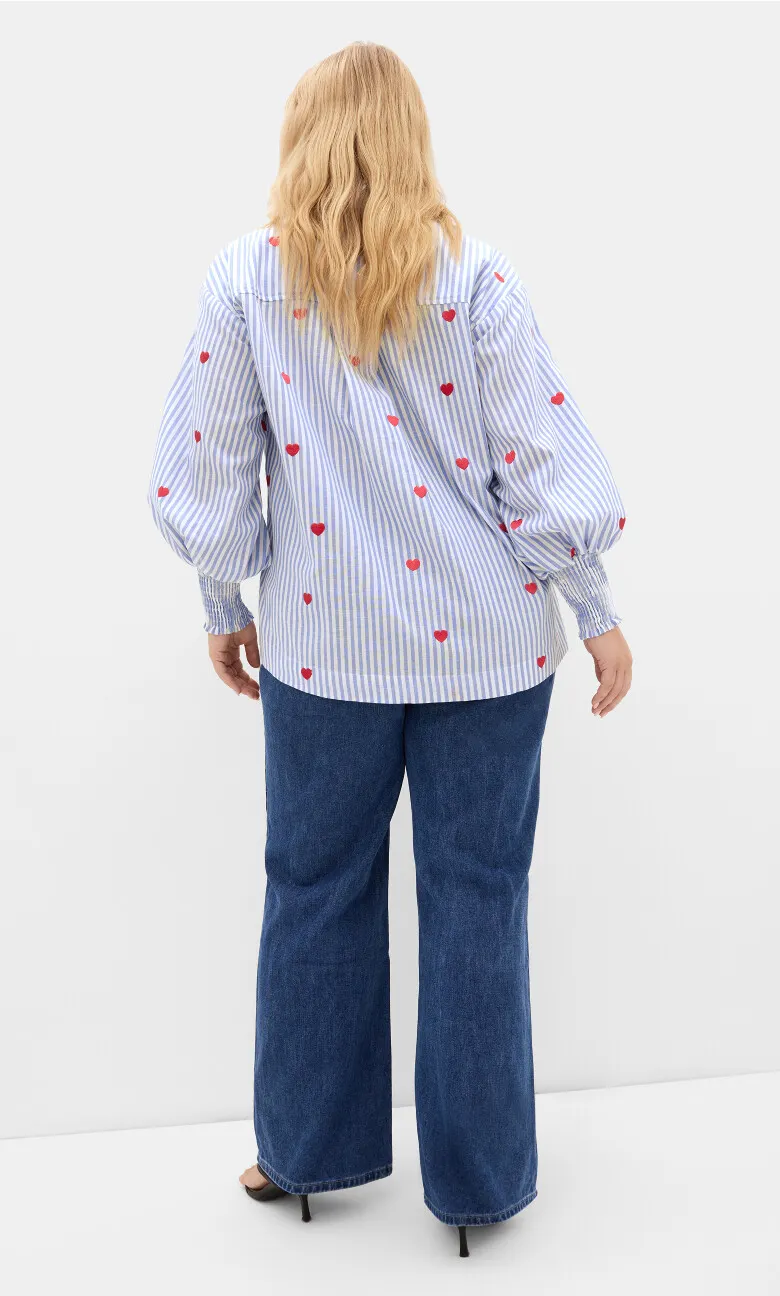 Stripe Heart Print Cotton Shirt - blue