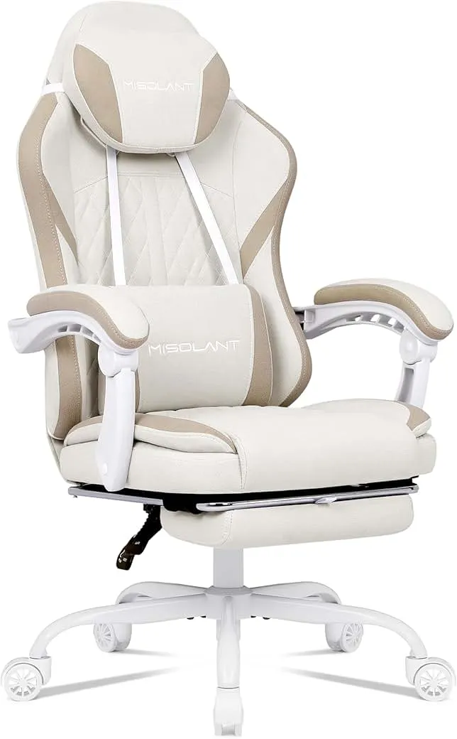 Misolant Gaming Chair, Fabric Gamer Chair with footrest for Adults, High Back Ergonomic Computer Game Chair with Adjustable Headrest and Massage Lumbar Support, 90-155° Recline Free, Beige