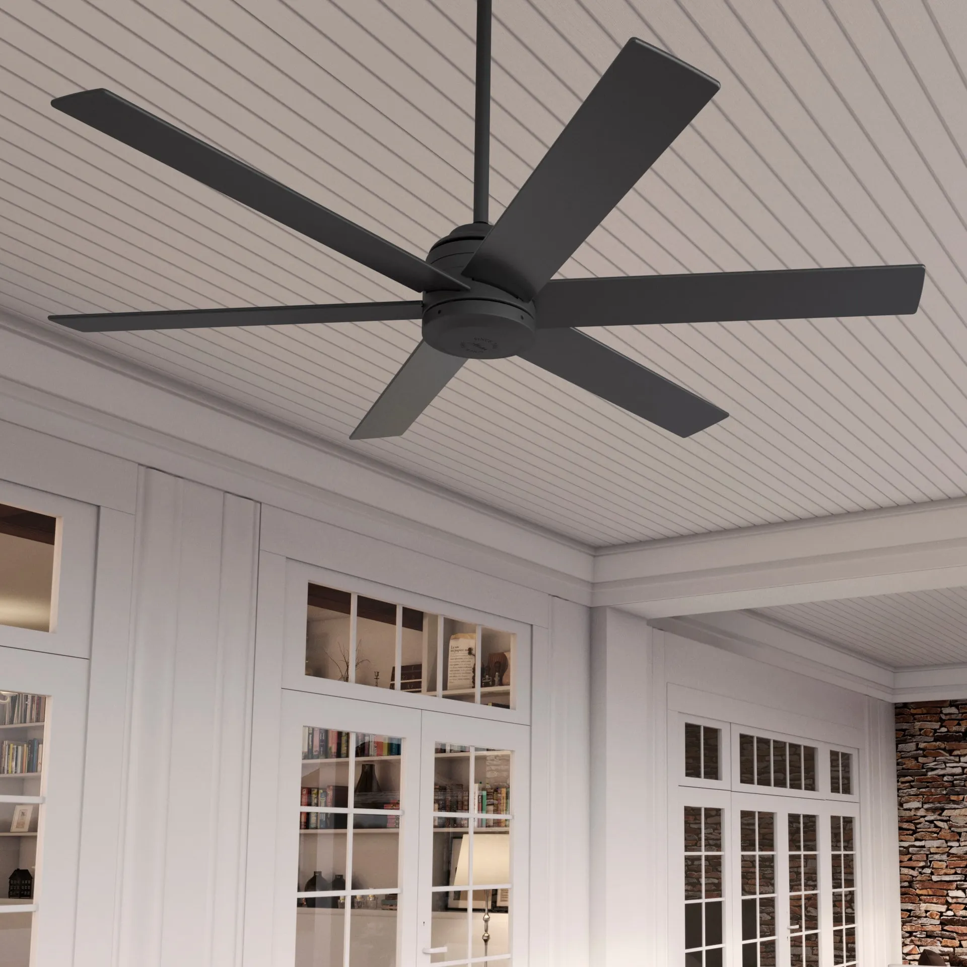 Hunter Lakeway SureSpeed 60-in Matte Black with Matte Black Blades Covered Outdoor Ceiling Fan Without Light and Remote Control Included 6 -Blade
