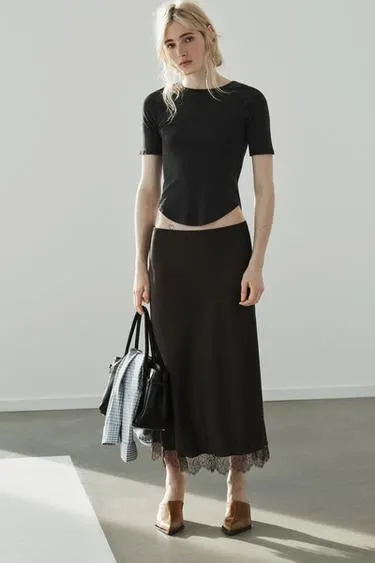 LACE TRIM SATIN MIDI SKIRT