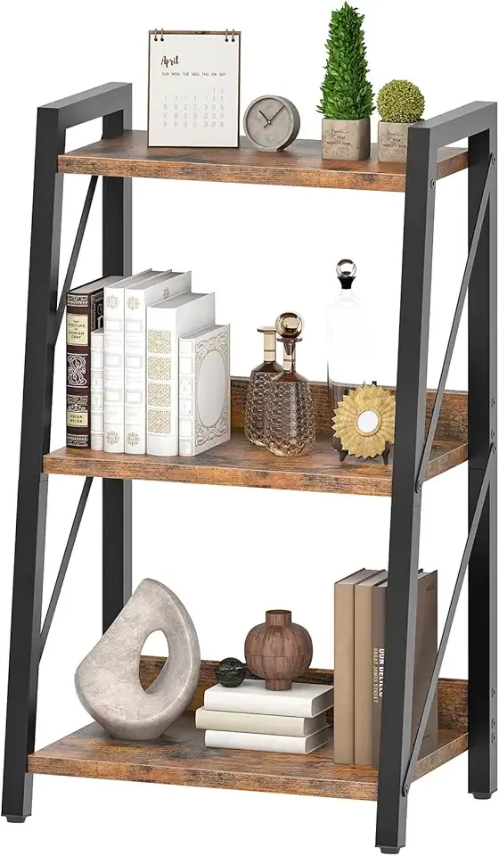 Ladder Shelf, 3-Tier Bookshelf, Corner Bookcase, Freestanding Storage Shelf Display Organizer, for Living Room, Bedroom, Home Office, Kitchen, Rustic Brown and Black BF303CJ01