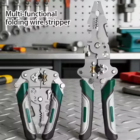 Foldable Wire Stripper, Pulley Design Multi-Function Electrician Wire Splitter Wire Winding Pliers Crimping Pliers Hand Tool